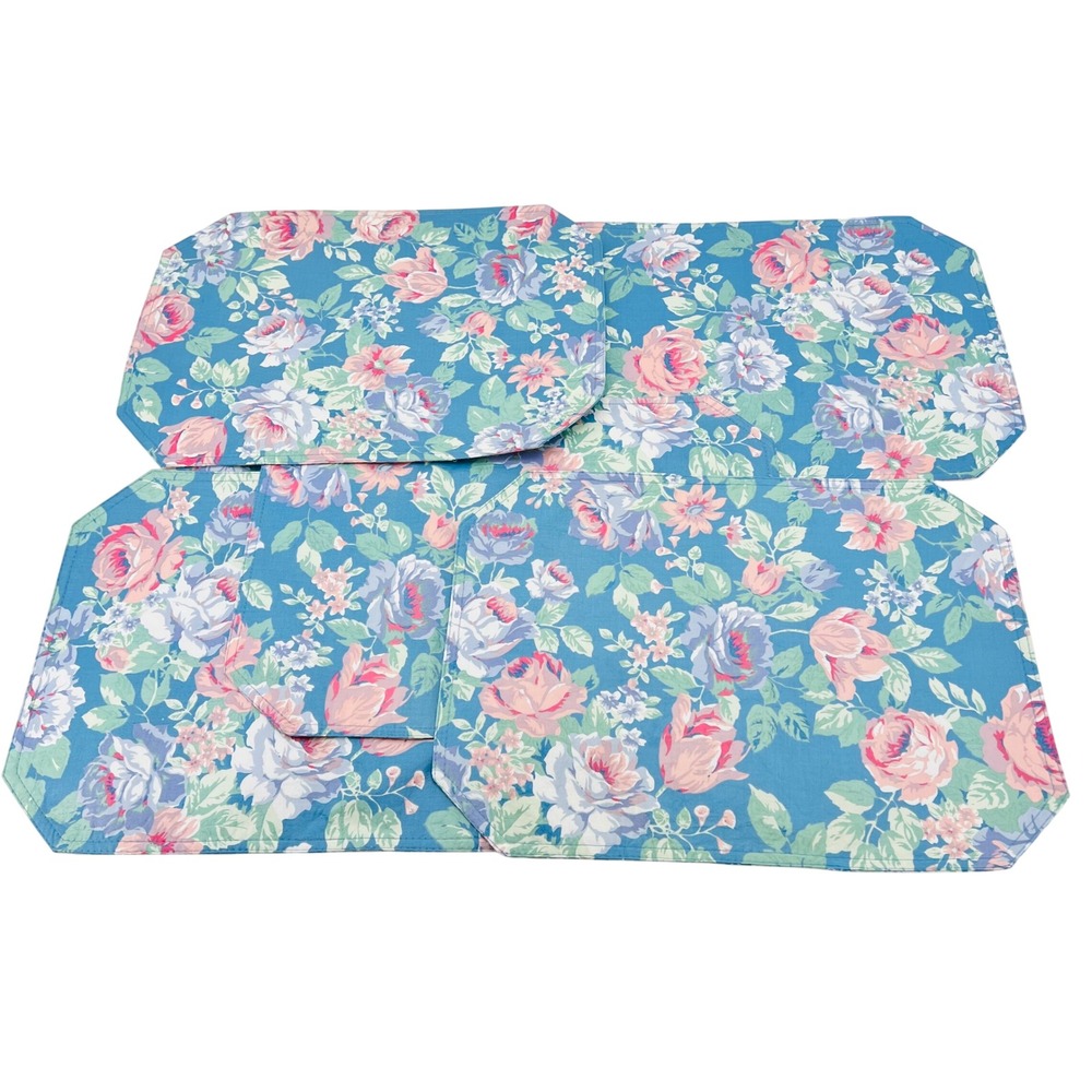 Set of 6 Floral Placemats Blue Pink Rose Botanical Quilted Table Linens 18x13